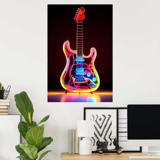 Neon Guitar Art Print Poster (Thuiskantoor)