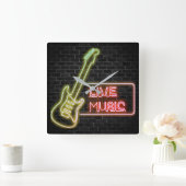 Neon guitar-bord op baksteen vierkante klok (Huis)