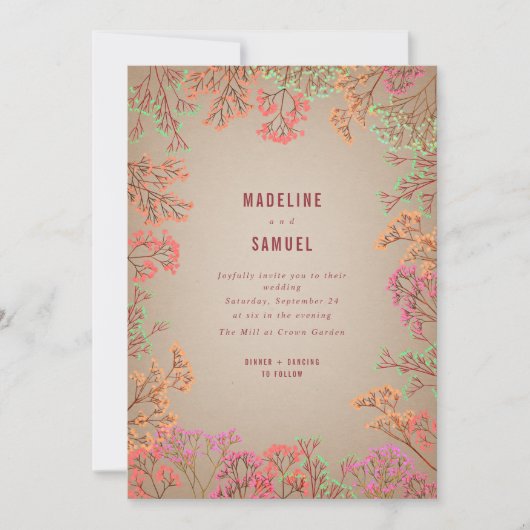 Neon Gypsophila Botanical Hot Pink Weddenschap Inv Kaart (Voorkant)