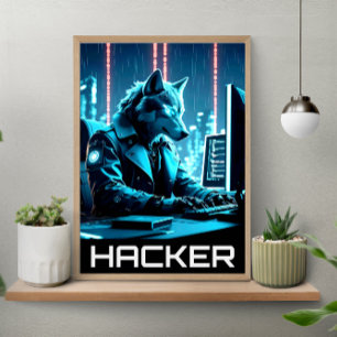 Neon Hacker Wolf Cyberpunk Stijl Poster