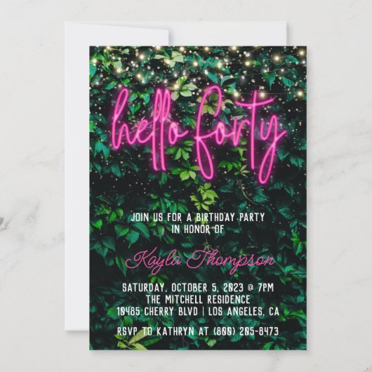 Neon Hallo 40th Birthday Party Invitation Kaart (Achterkant)