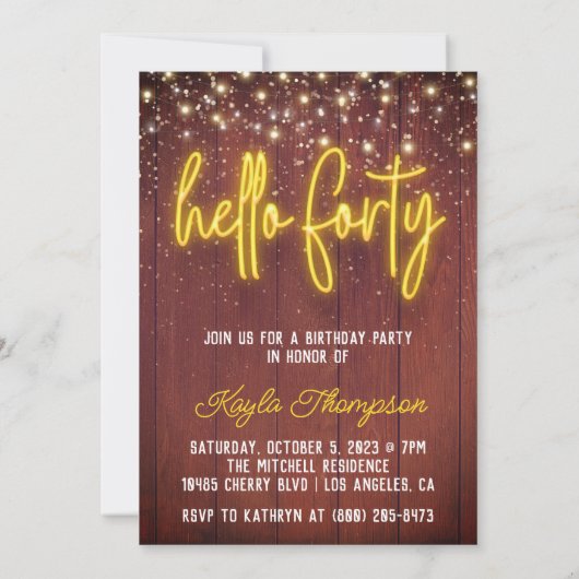 Neon Hallo 40Wooden Birthday Kaart (Achterkant)