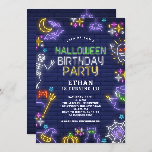 Neon Halloween 11e verjaardagsfeest Kaart (Voorkant / Achterkant)