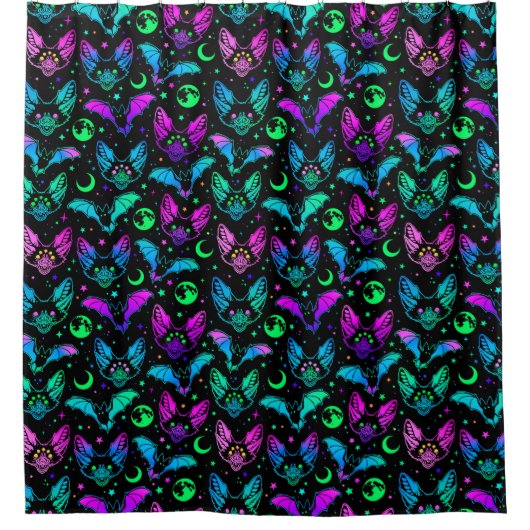 Neon Halloween Bats, Cats, Moons and Stars Douchegordijn (Voorkant)