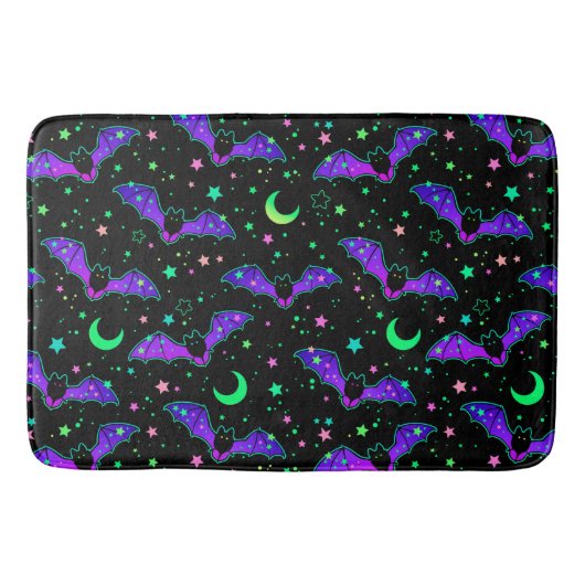 Neon Halloween Bats, Moons and Stars Bath Mat (Voorkant)