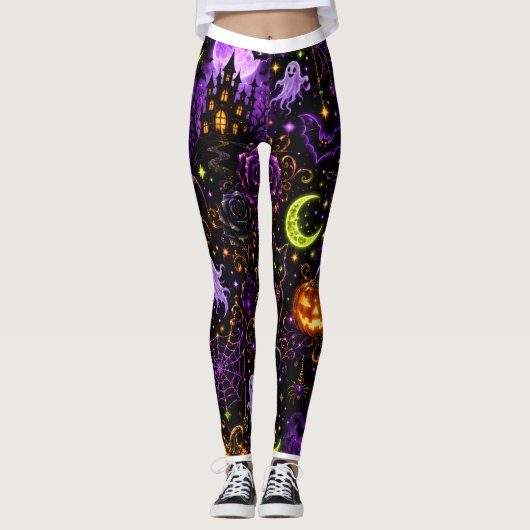 Neon Halloween Black Cat and Ghost Leggings (Voorkant)