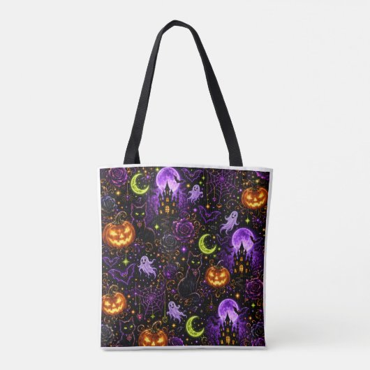 Neon Halloween Black Cat and Ghost Tote Bag (Achterkant)