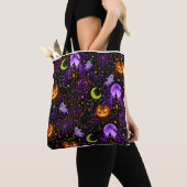 Neon Halloween Black Cat and Ghost Tote Bag (Dichtbij)
