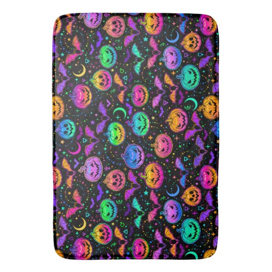 Neon Halloween Jack=O=Lantern Bats and Stars Badmat (Voorkant Verticaal)