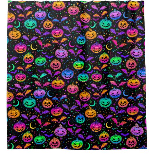 Neon Halloween Jack=O=Lantern Bats and Stars Douchegordijn (Voorkant)