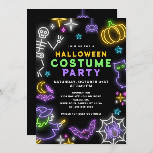 Neon Halloween Kostuum Party Kaart (Voorkant / Achterkant)