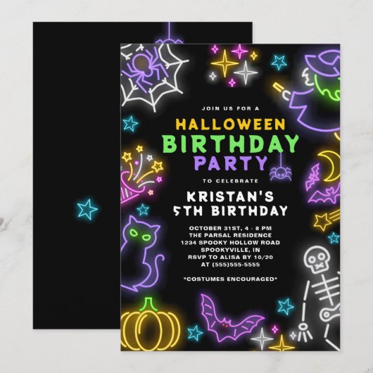 Neon Halloween Meisjes 5e Verjaardag Kostuum Feest Kaart (Voorkant / Achterkant)