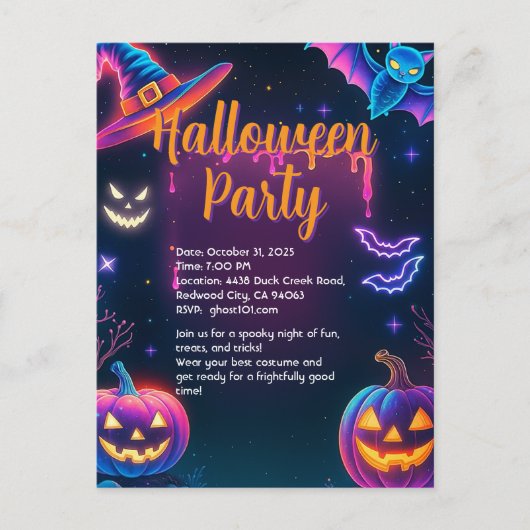 Neon Halloween Party Briefkaart (Voorkant)