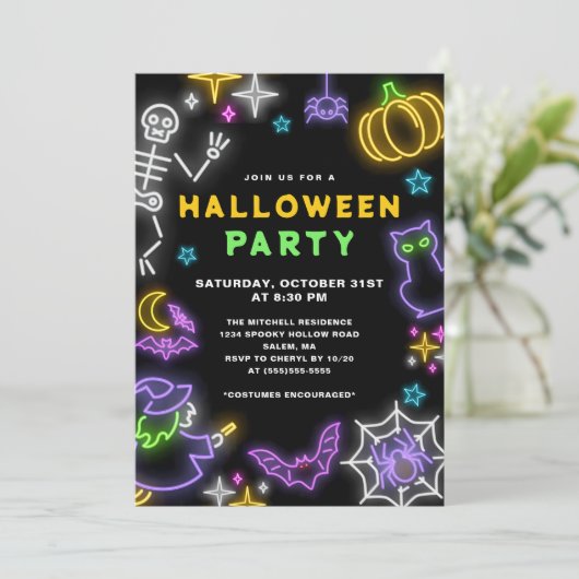 Neon Halloween Party Kaart (Staand voorkant)