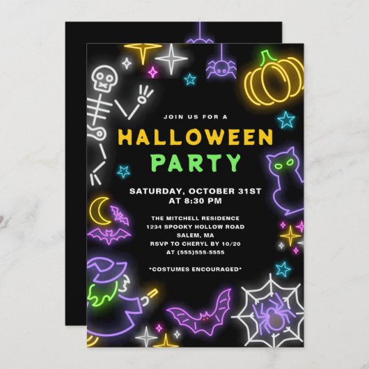 Neon Halloween Party Kaart (Voorkant / Achterkant)