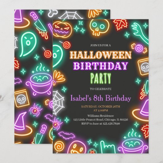 Neon Halloween Verjaardag Kaart (Voorkant / Achterkant)