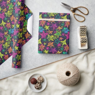 Neon Hand-Drawn Star Pattern op Midnight Achtergro Cadeaupapier