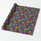Neon Hand-Drawn Star Pattern op Midnight Achtergro Cadeaupapier (Uitgerold)