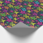 Neon Hand-Drawn Star Pattern op Midnight Achtergro Cadeaupapier (Hoek)