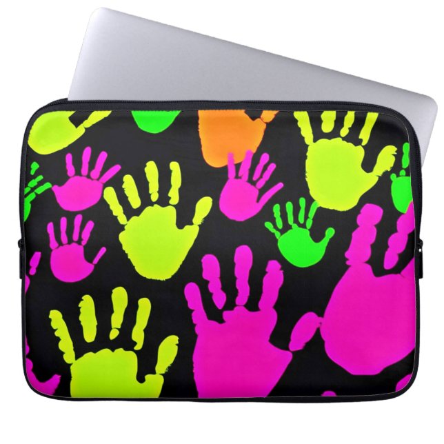 Neon handafdruk graffiti patroon laptop sleeve (Voorkant)
