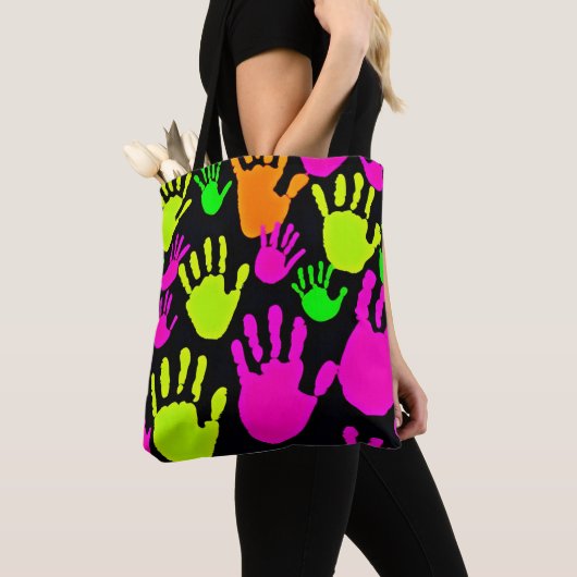 Neon handafdruk graffiti patroon tote bag (Dichtbij)