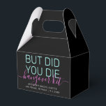 Neon Hangover Relief Kit Aangepast Bedankdoosjes<br><div class="desc">Persoonlijke Bachelorette Party of Birthday Celebration Hangover Relief Kit met grappige 'Maar ben je gestorven' citaat en aangepaste tekst met de naam van de bruid, de plaats van de partijbestemming en de datum in helder neonblauw, roze en zwart. Alle kleuren, lettertypen en tekst kunnen worden bewerkt om de partij aan...</div>
