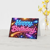 Neon Happy Birthday Fireworks and Stars Kaart (Gele Bloem)