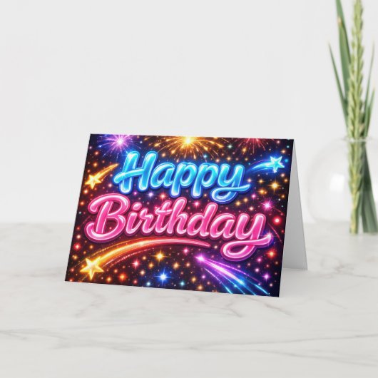 Neon Happy Birthday Fireworks and Stars Kaart (Voorkant)