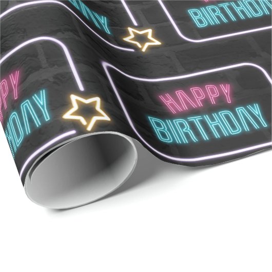 Neon Happy Birthday Marquee op Brick Cadeaupapier (Rol Hoek)