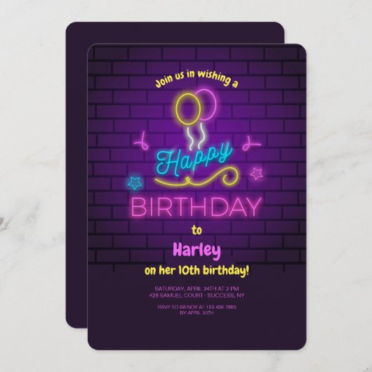 Neon Happy Birthday Uitnodiging (Voorkant / Achterkant)