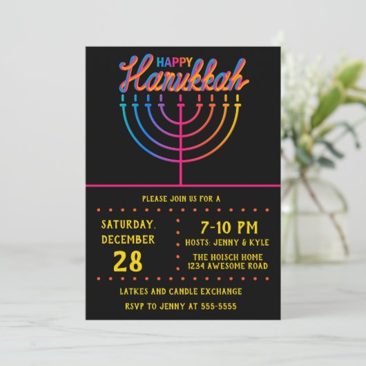 Neon Happy Hanukkah Menorah Kaart (Staand voorkant)