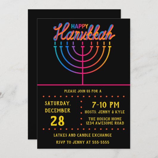 Neon Happy Hanukkah Menorah Kaart (Voorkant / Achterkant)