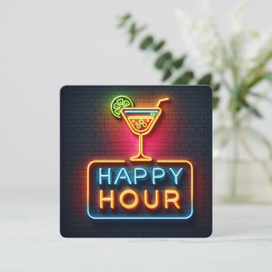 Neon Happy Hour Party Kaart (Staand voorkant)