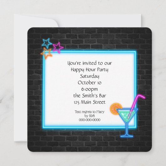 Neon Happy Hour Party Kaart (Achterkant)