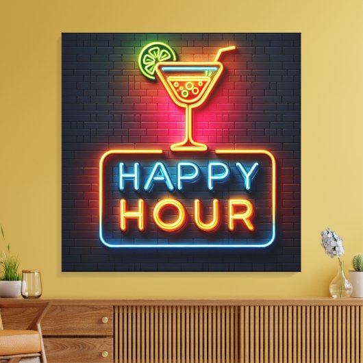 Neon Happy Hour Sign Canvas Afdruk (Insitu (Woonkamer))