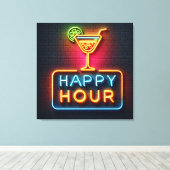 Neon Happy Hour Sign Canvas Afdruk (Insitu (Houten vloer))