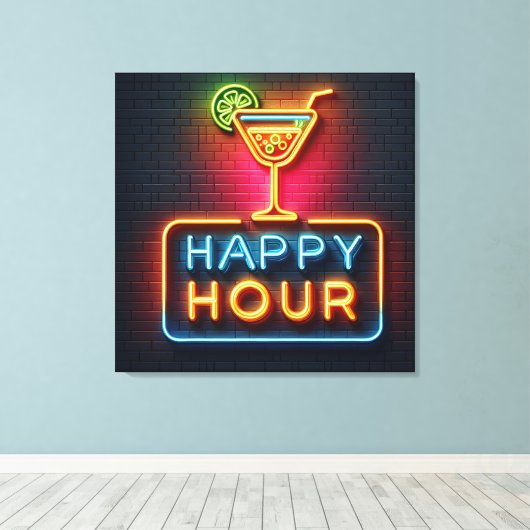 Neon Happy Hour Sign Canvas Afdruk (Insitu (Houten vloer))