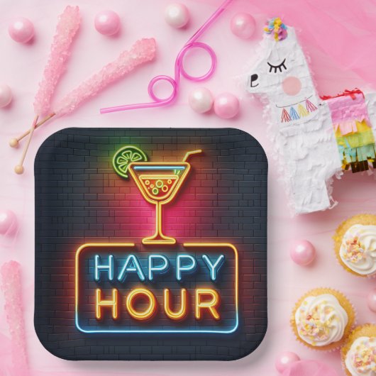 Neon Happy Hour Sign Papieren Bordje (Feest)