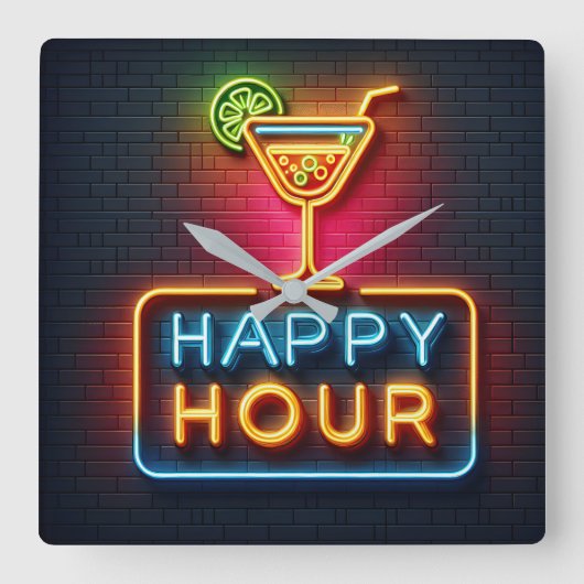 Neon Happy Hour Sign Vierkante Klok (Voorkant)