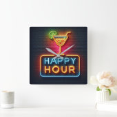 Neon Happy Hour Sign Vierkante Klok (Huis)