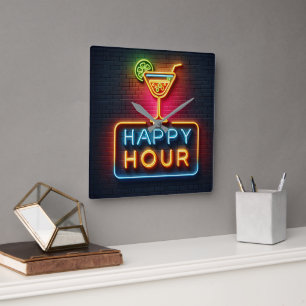 Neon Happy Hour Sign Vierkante Klok