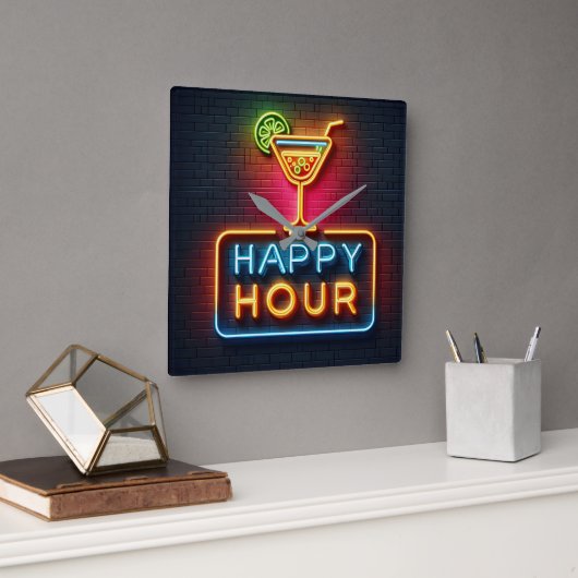 Neon Happy Hour Sign Vierkante Klok (Kantoor)