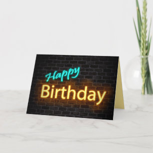 neon happy jarig bord op brick kaart