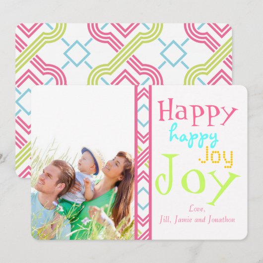 Neon Happy Joy Typografie-kerstfotokaart Feestdagenkaart (Voorkant / Achterkant)