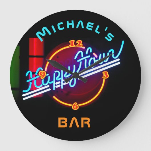 Neon Happyhour Home Bar Decor Personalized Mancave Grote Klok (Voorkant)