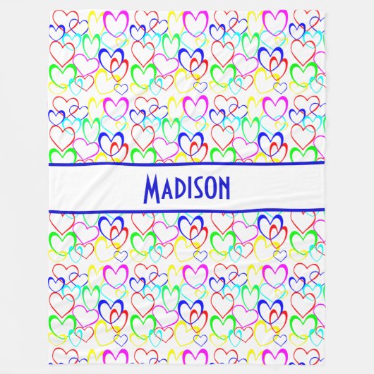 Neon Hearts op Wit, Gepersonaliseerd Fleece Deken (Voorkant)