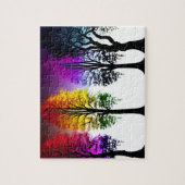 Neon herfst gebladerte op zwarte silhouet bomen legpuzzel (Verticaal)