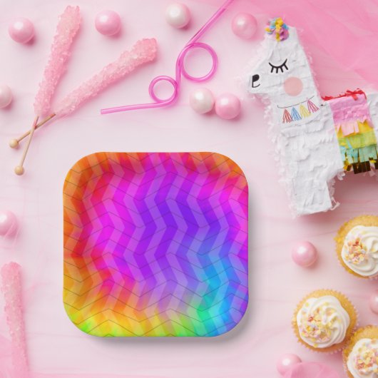 Neon Herringbone Trippie Hippie Rainbow Papieren Bordje (Feest)