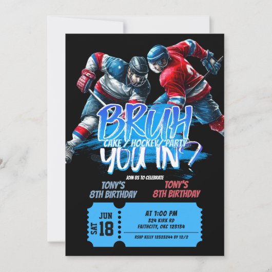 Neon Hockey Tiener Gezamenlijke Verjaardag Uitnodi Kaart (Voorkant)