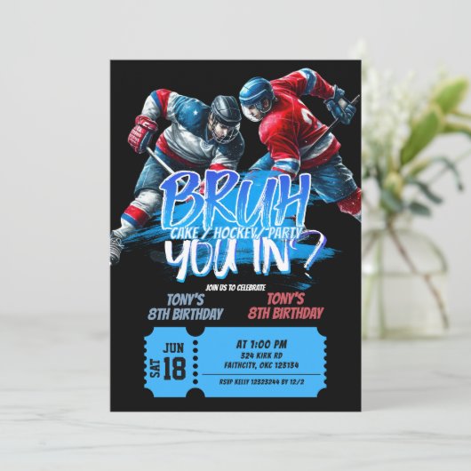 Neon Hockey Tiener Gezamenlijke Verjaardag Uitnodi Kaart (Staand voorkant)